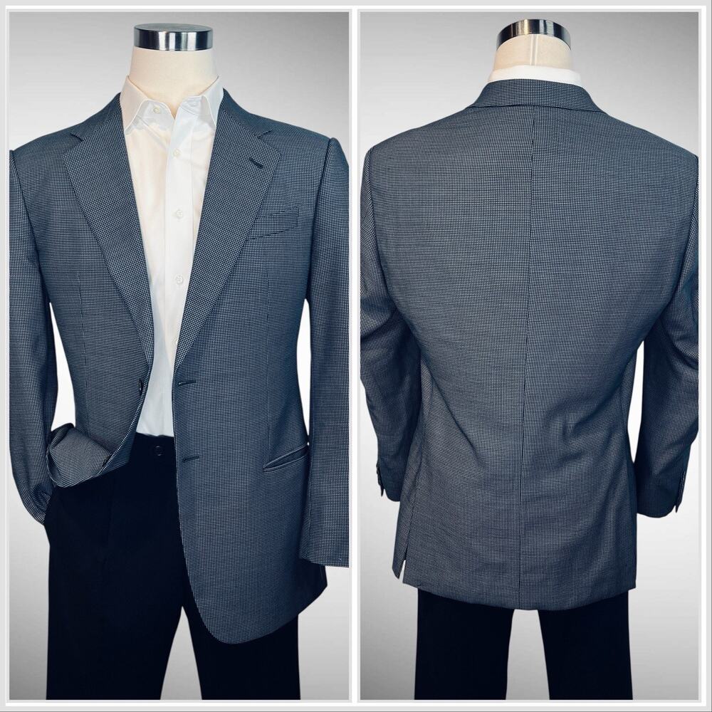 Armani Collezioni 42R Navy Blue & Cream Micro-Houndstooth Designer Blazer Italy - Picture 2 of 16